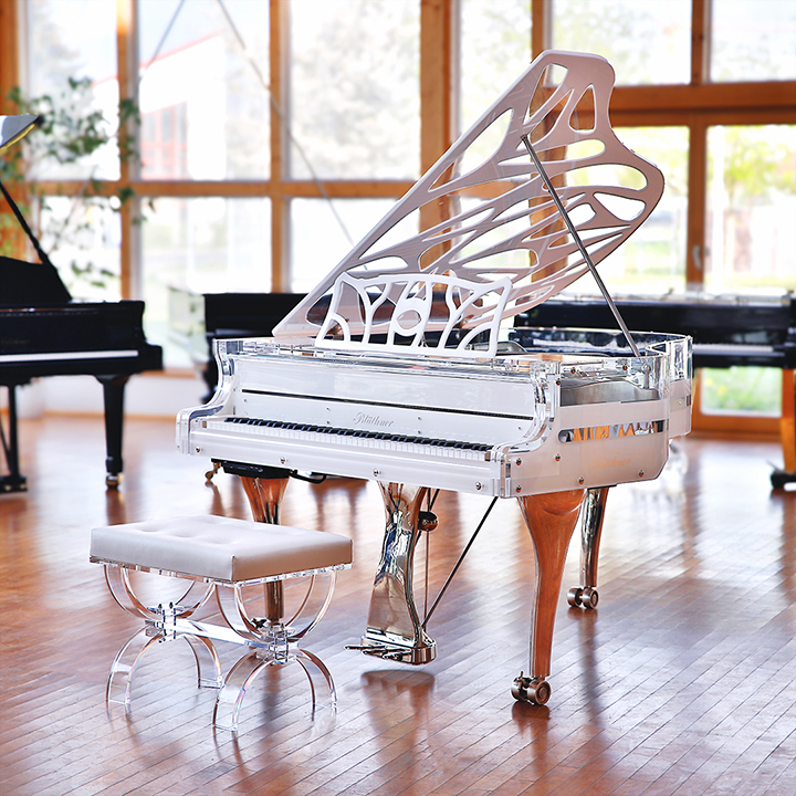 White Blüthner Crystal Hive Elegance Grand Piano with a titanium coloured iron frame